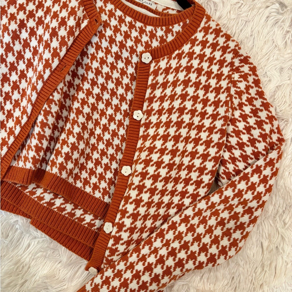 Sincerely Jules Girl - Orange and White Houndstooth Cardigan & Top Set